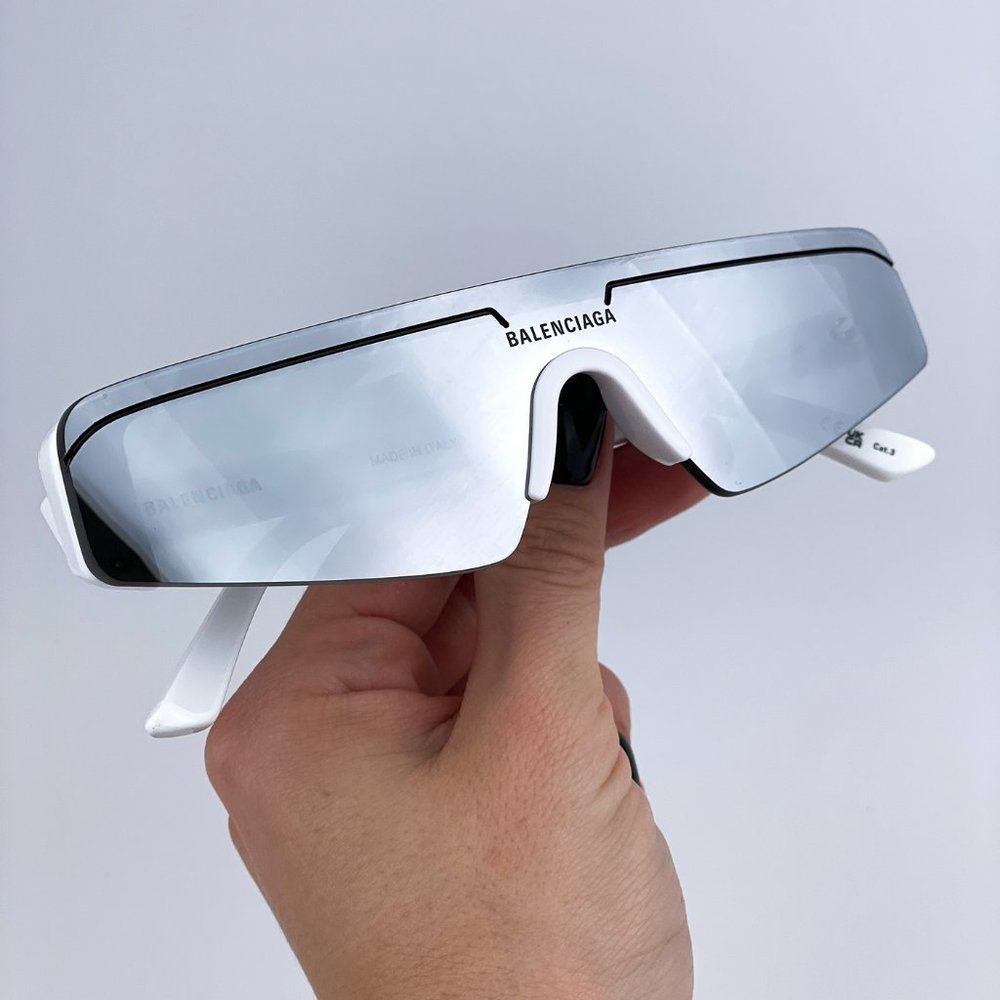 🔥  Balenciaga BB0003S 002 Sunglasses White Silver Grey Mirrored Unisex